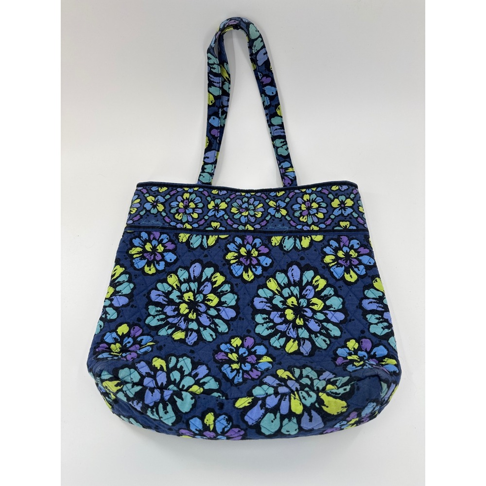 Vera Bradley Quilted Tote Bag Floral Print Navy Blue Yellow Purple‎
